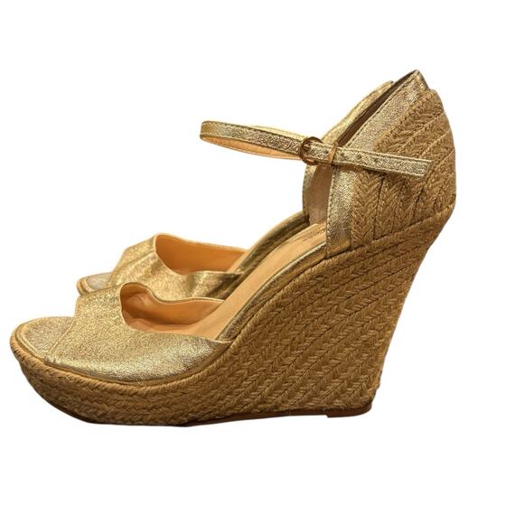 Seychelles Open Toe Metallic Gold Espadrille Covered Heel 5" Wedge Size 9 - Picture 5 of 7